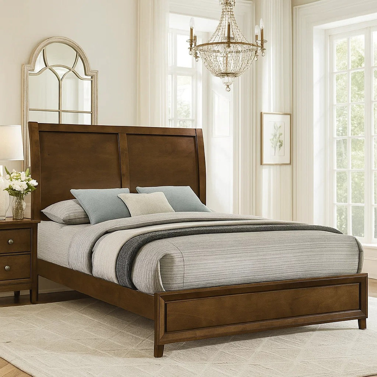 Lary Queen Bed with Sleigh-Style Headboard and Slat Kit, Walnut Brown