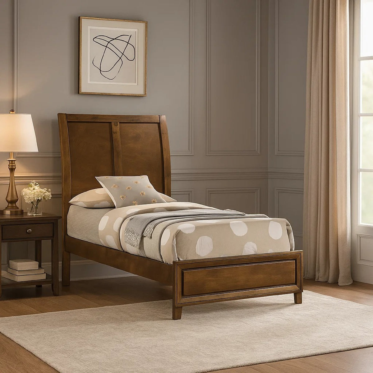 Lary Twin Bed with Sleigh-Style Headboard and Slat Kit, Walnut Brown