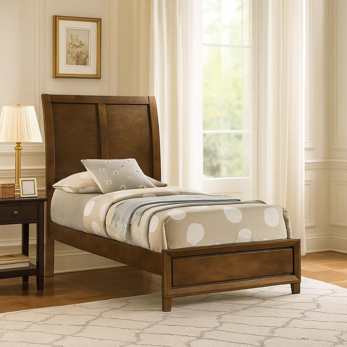 Lary Twin Bed with Sleigh-Style Headboard and Slat Kit, Walnut Brown