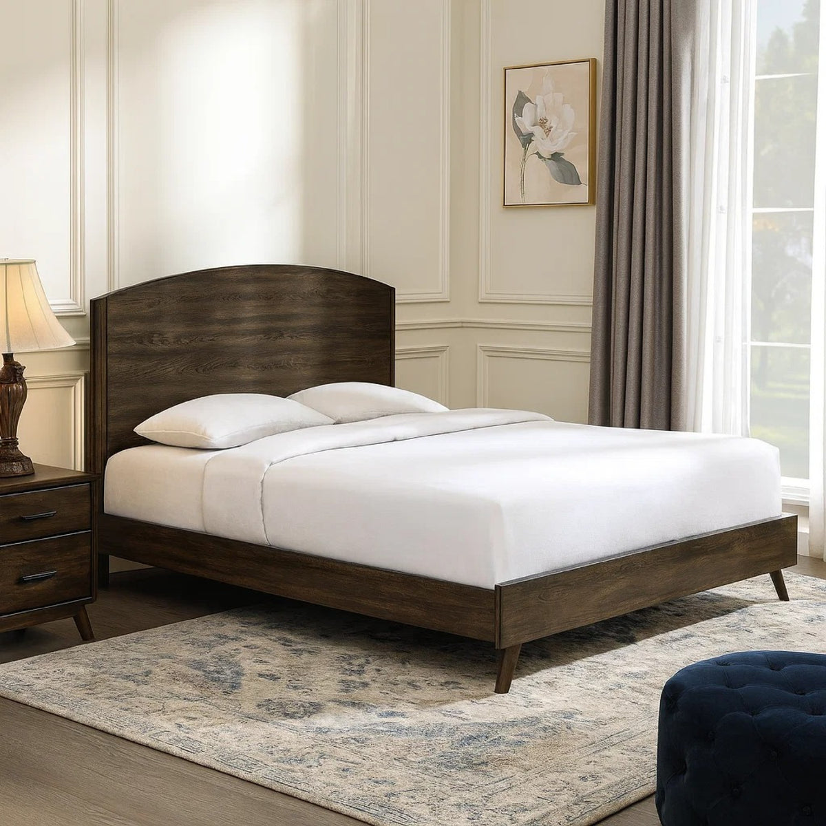 Roxy Queen Bed with Mid-Century Modern Design, Walnut Brown Okume