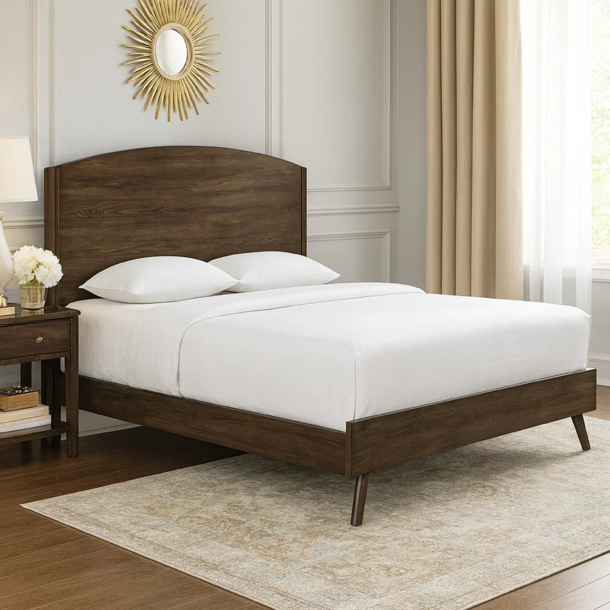 Roxy Queen Bed with Mid-Century Modern Design, Walnut Brown Okume