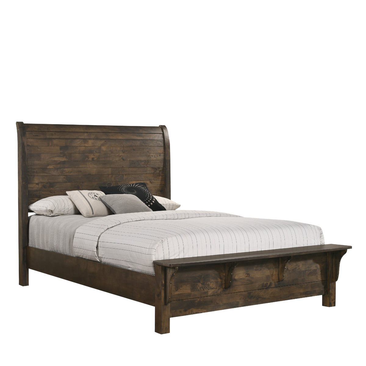 Blie Queen Bed with Built-In Footboard Bench, Rustic Brown Solid Wood