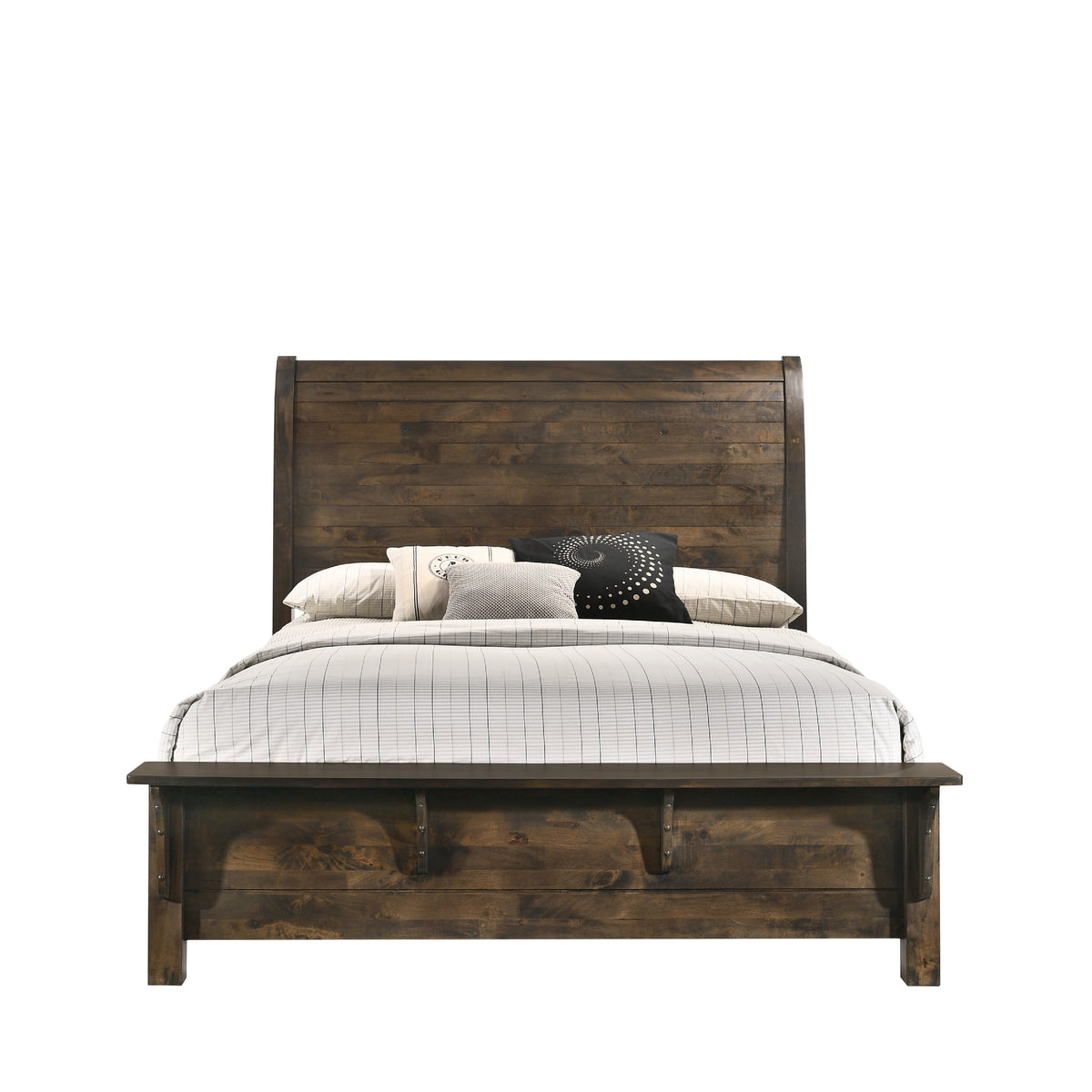 Blie Queen Bed with Built-In Footboard Bench, Rustic Brown Solid Wood