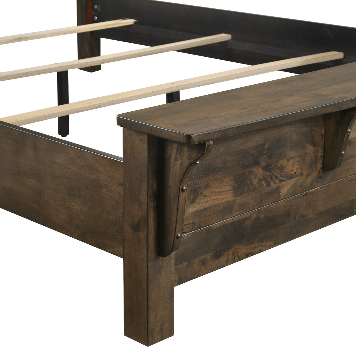 Blie Queen Bed with Built-In Footboard Bench, Rustic Brown Solid Wood