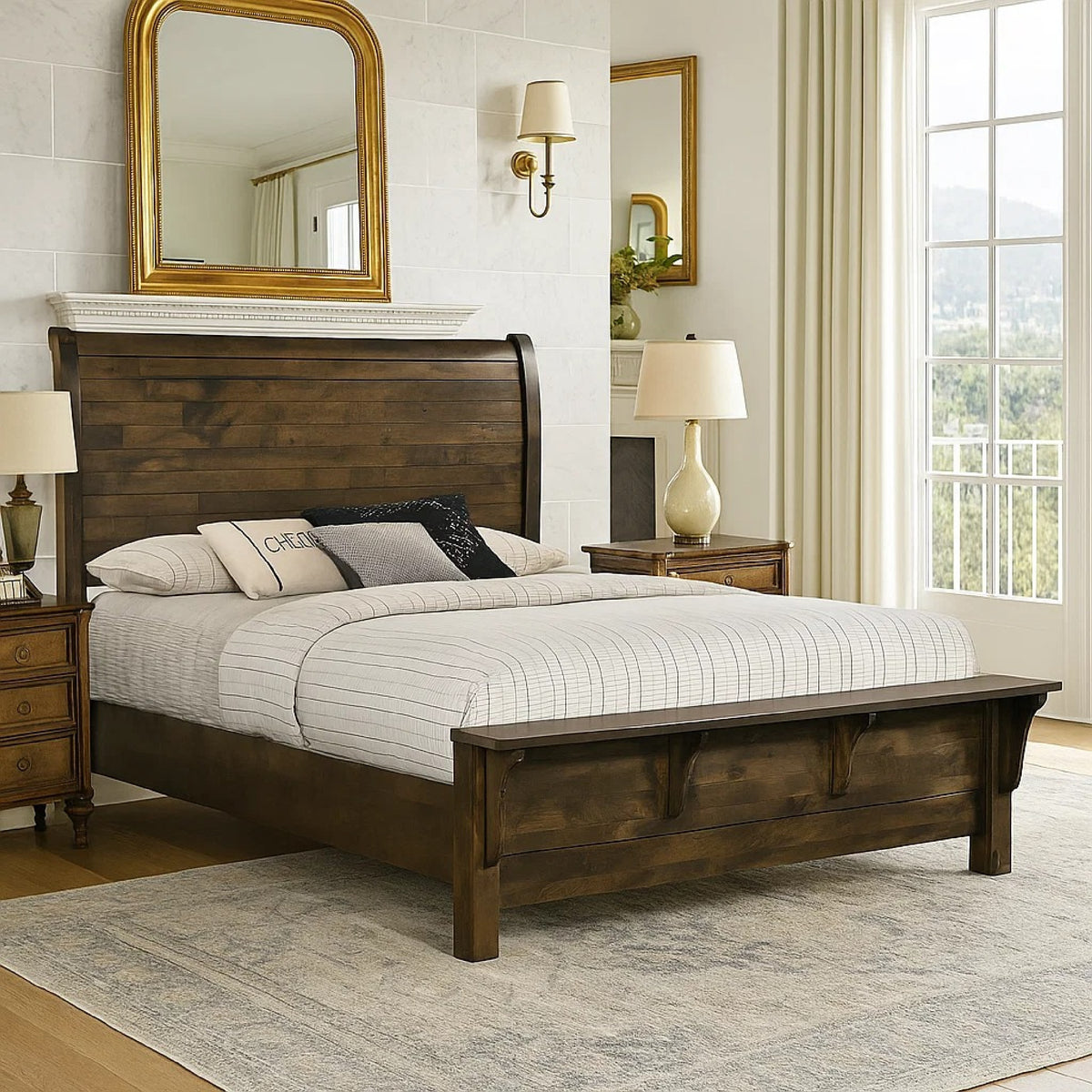 Blie Queen Bed with Built-In Footboard Bench, Rustic Brown Solid Wood