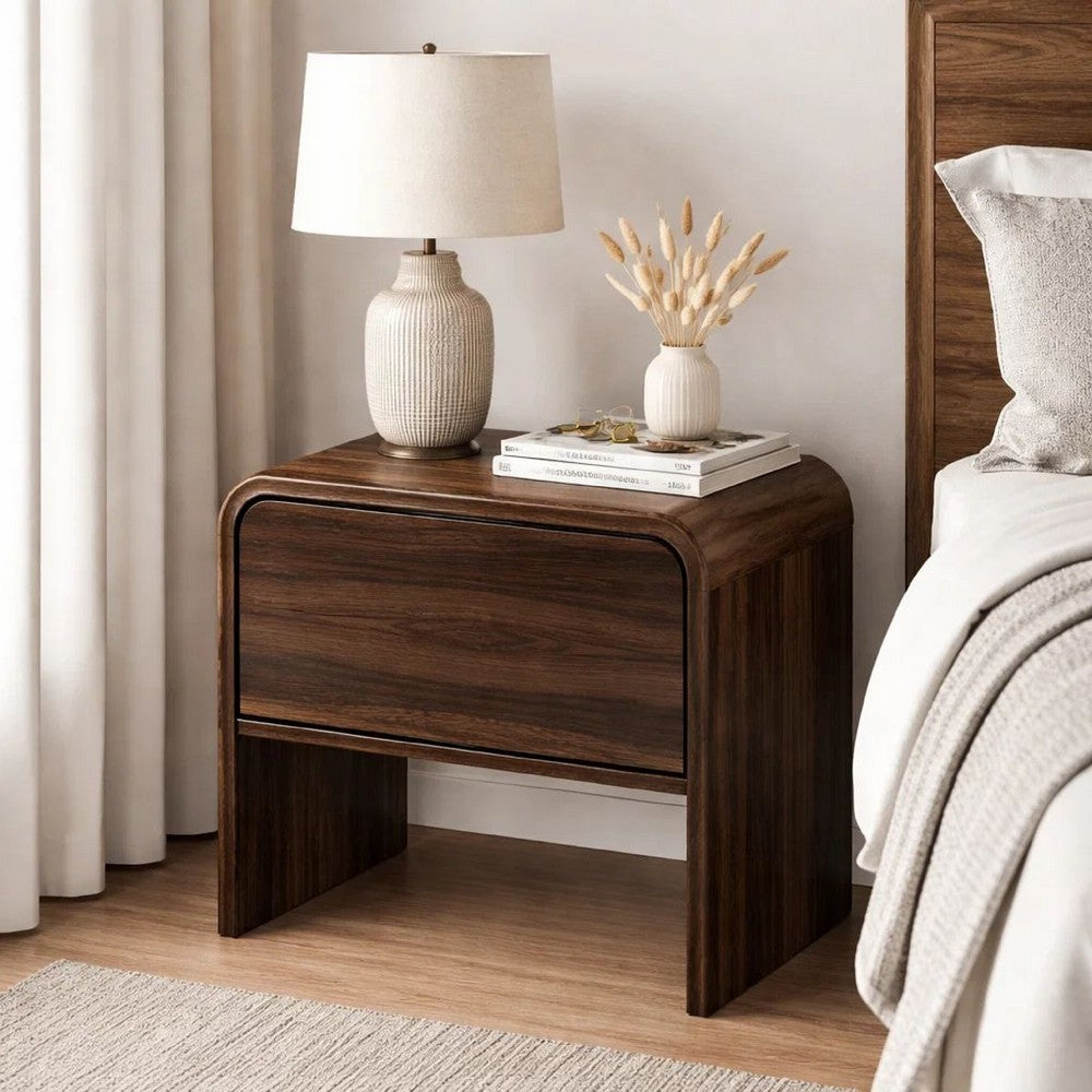 Maria Bedside End Table, 2 Drawers, Walnut Brown Waterfall Edges - BM344803