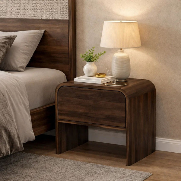 Maria Bedside End Table, 2 Drawers, Walnut Brown Waterfall Edges - BM344803