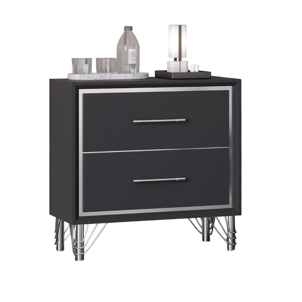Zoe Modern Nightstand with 2 Drawers, Ebony Black and 'Silver - BM344804