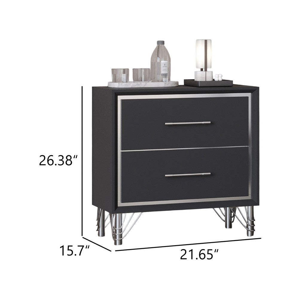 Zoe Modern Nightstand with 2 Drawers, Ebony Black and 'Silver - BM344804