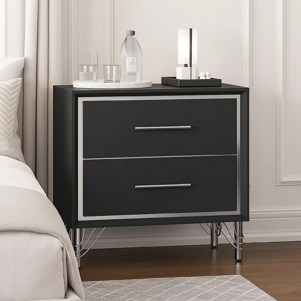 Zoe Modern Nightstand with 2 Drawers, Ebony Black and 'Silver - BM344804