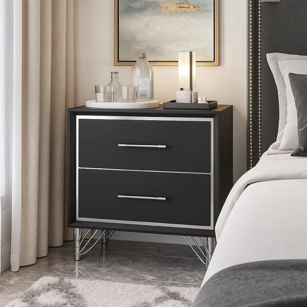 Zoe Modern Nightstand with 2 Drawers, Ebony Black and 'Silver - BM344804