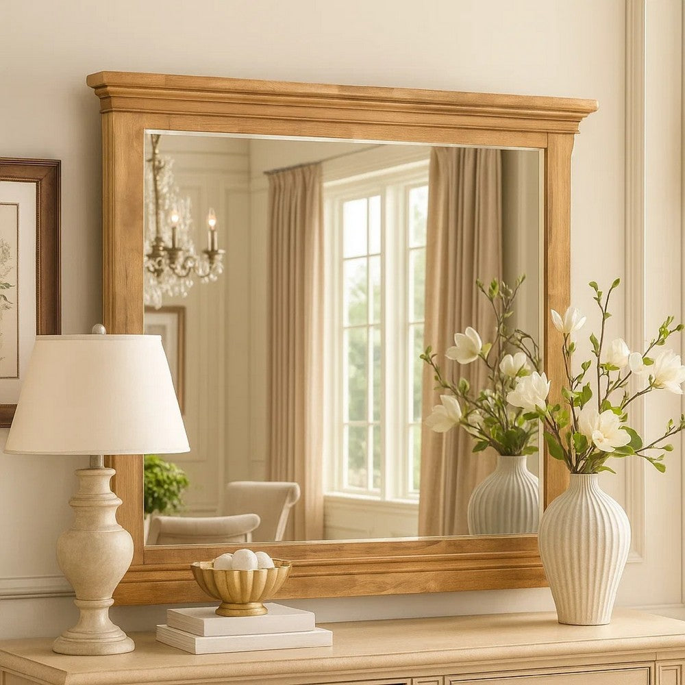 Seny Dresser Mirror, Crown Molding, Honey Brown Rubberwood, 33x48 - BM344806