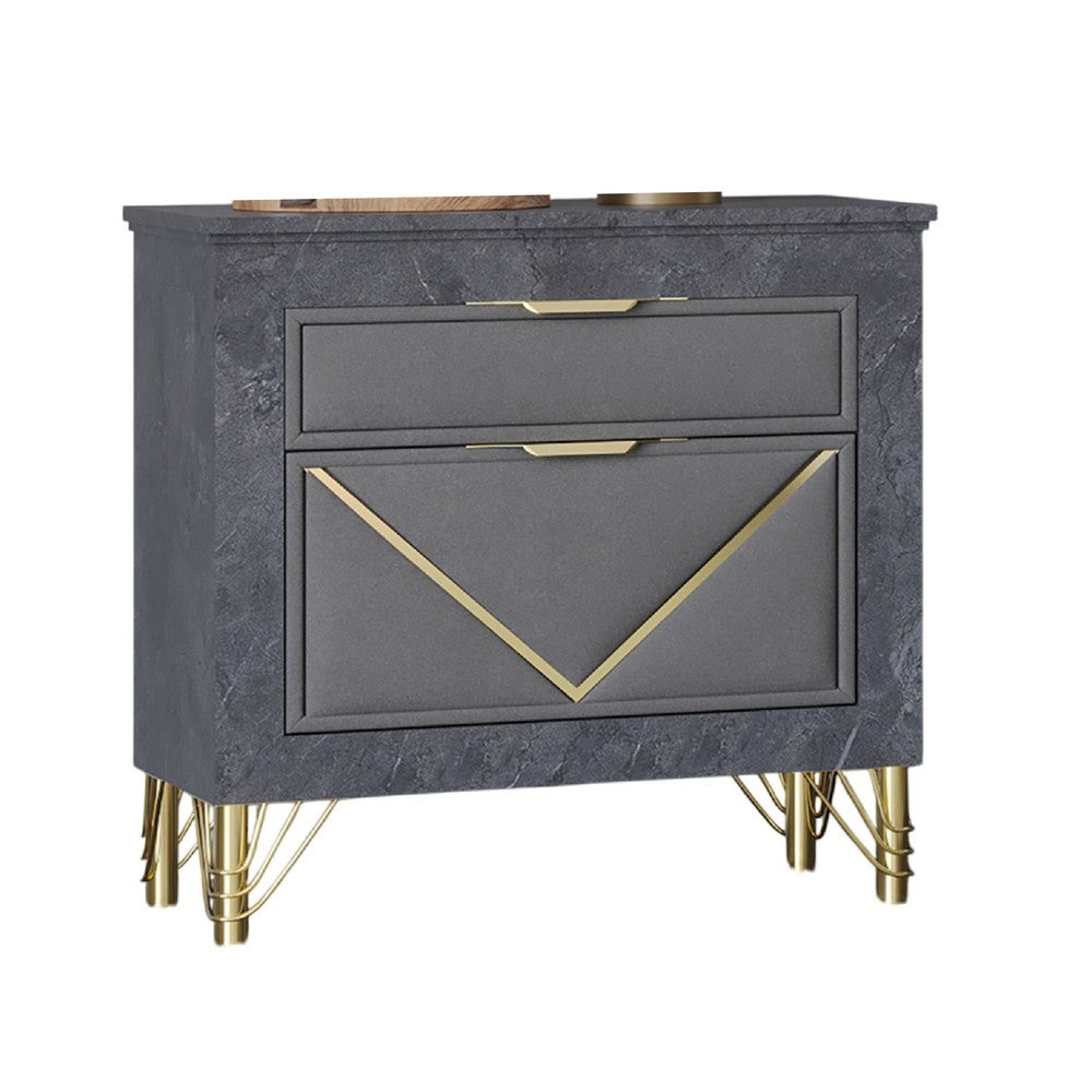 Semy Nightstand, 2 Gold Accented Drawers, Gray Marble Laminate - BM344813