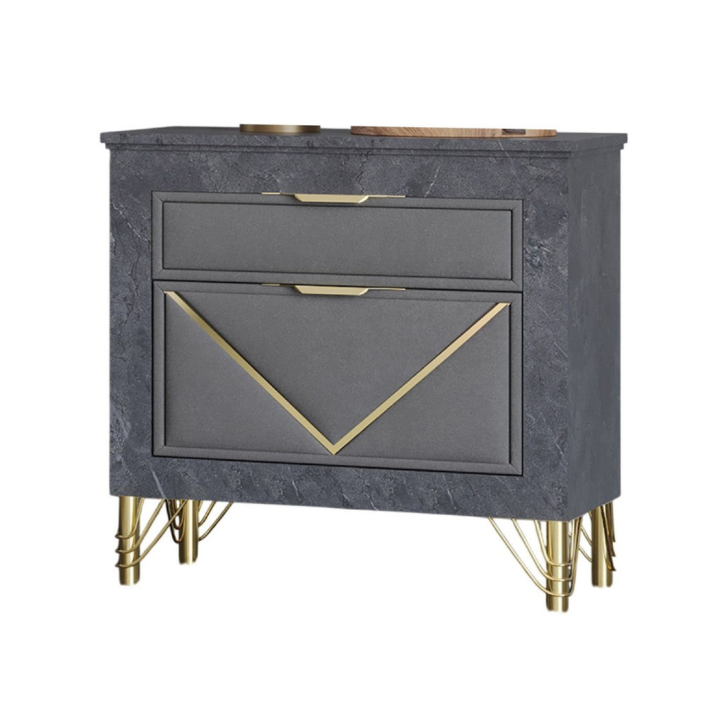 Semy Nightstand, 2 Gold Accented Drawers, Gray Marble Laminate - BM344813