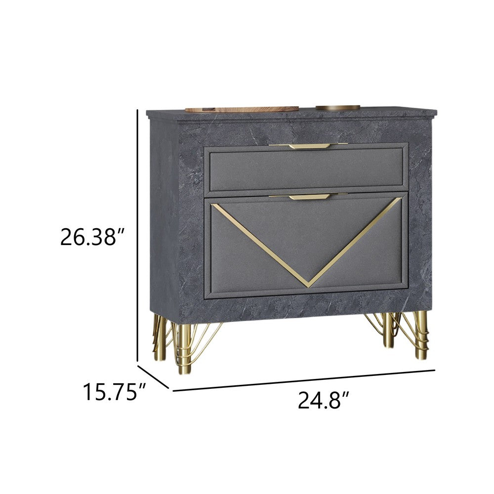 Semy Nightstand, 2 Gold Accented Drawers, Gray Marble Laminate - BM344813