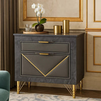 Semy Nightstand, 2 Gold Accented Drawers, Gray Marble Laminate - BM344813