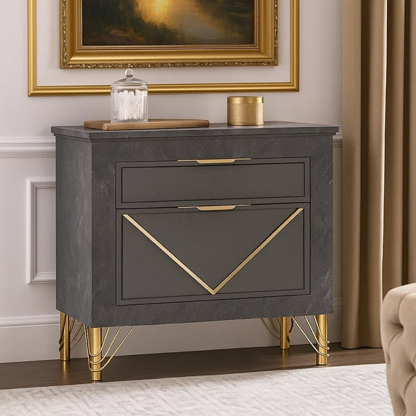 Semy Nightstand, 2 Gold Accented Drawers, Gray Marble Laminate - BM344813
