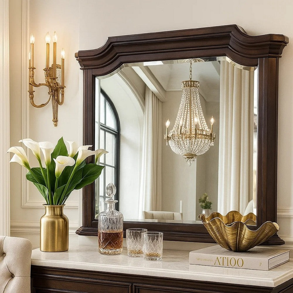 Lynda Dresser Mirror, 44 Inch Low Distortion, Walnut Brown Crown Molding - BM344815