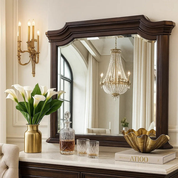 Lynda Dresser Mirror, 44 Inch Low Distortion, Walnut Brown Crown Molding - BM344815