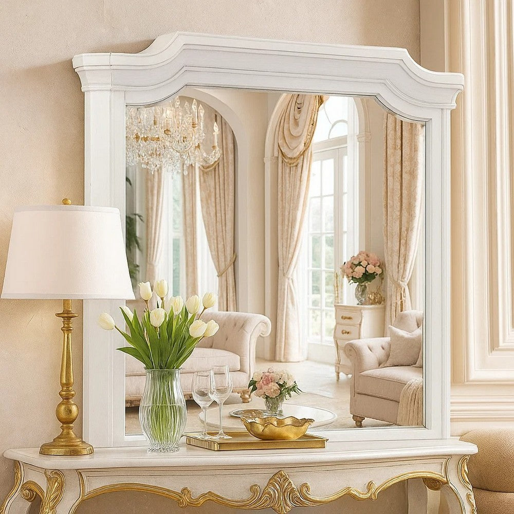 Lynda Dresser Mirror, 44 Inch Low Distortion, Antique White Crown Molding - BM344816