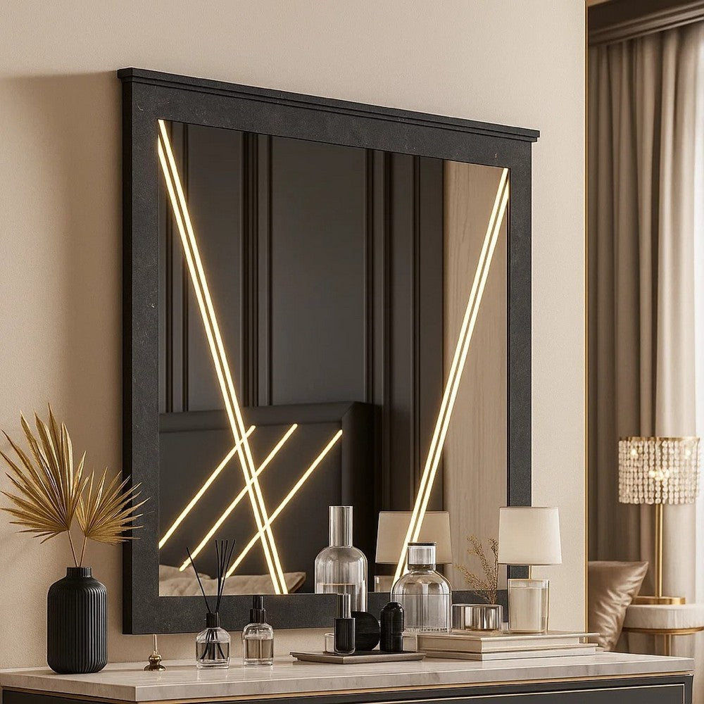 Semy Dresser Mirror, 40 Inch Lighted Gray Marble Frame, Low Distortion - BM344821