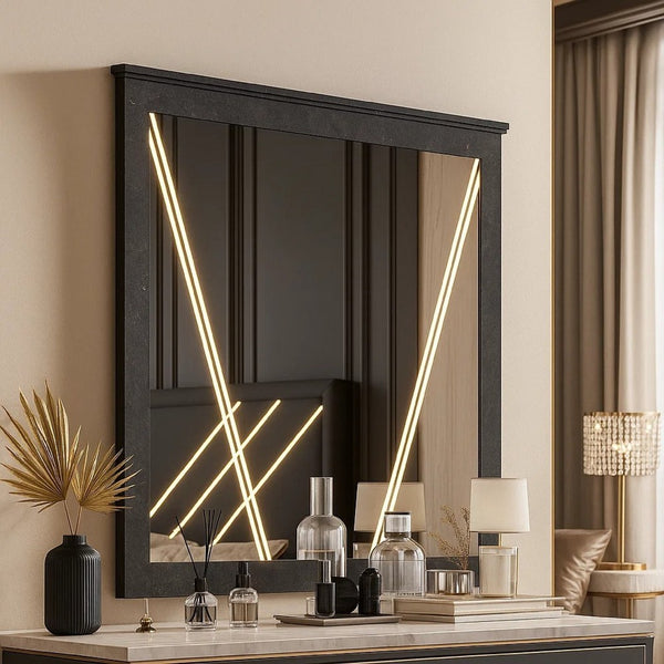 Semy Dresser Mirror, 40 Inch Lighted Gray Marble Frame, Low Distortion - BM344821