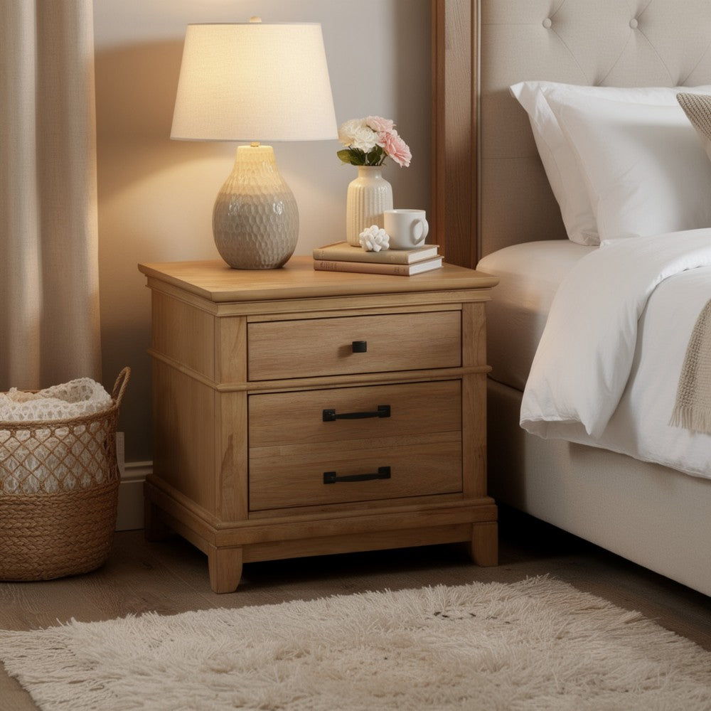 Seny Nightstand, 2 Drawers w Black Handles and 1 Knob, Honey Brown - BM344826