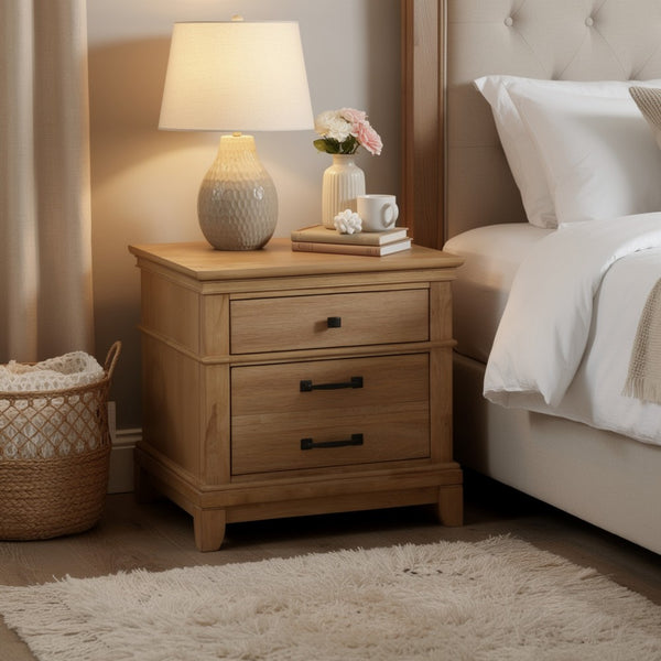 Seny Nightstand, 2 Drawers w Black Handles and 1 Knob, Honey Brown - BM344826