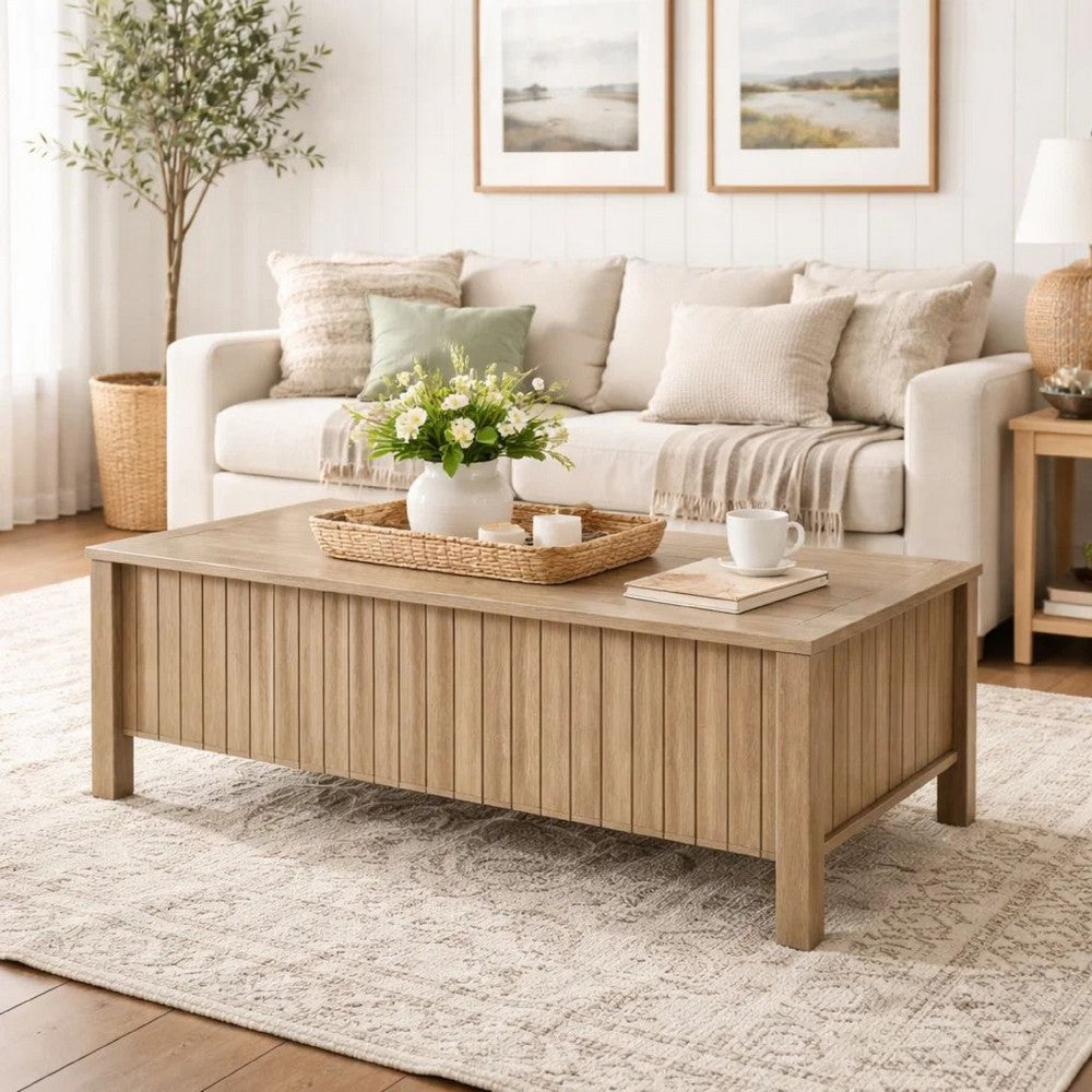 Hay Coffee Table, 47 Inch Rectangular Top, 2 Reeded Drawers, Beige - BM344829