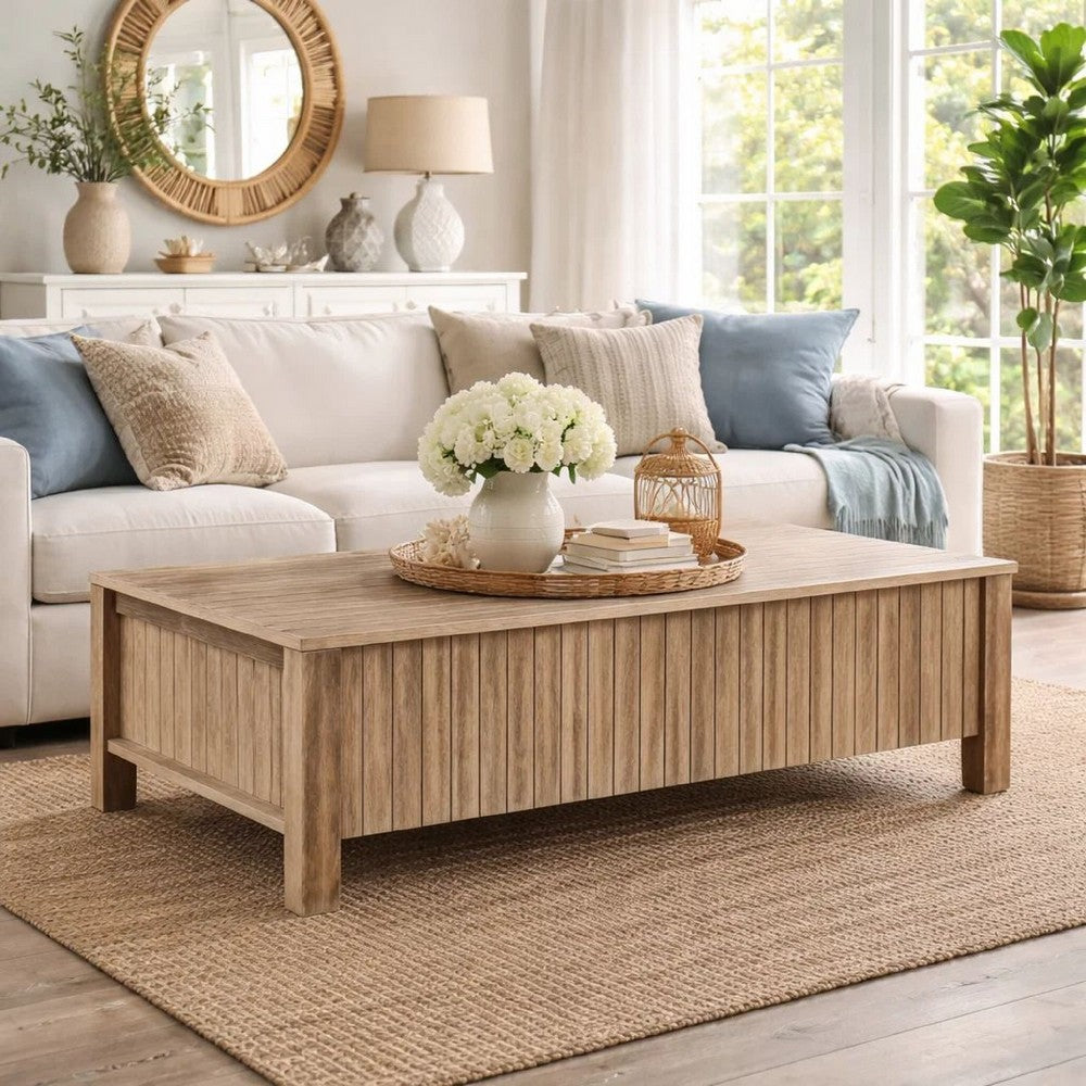 Hay Coffee Table, 47 Inch Rectangular Top, 2 Reeded Drawers, Beige - BM344829