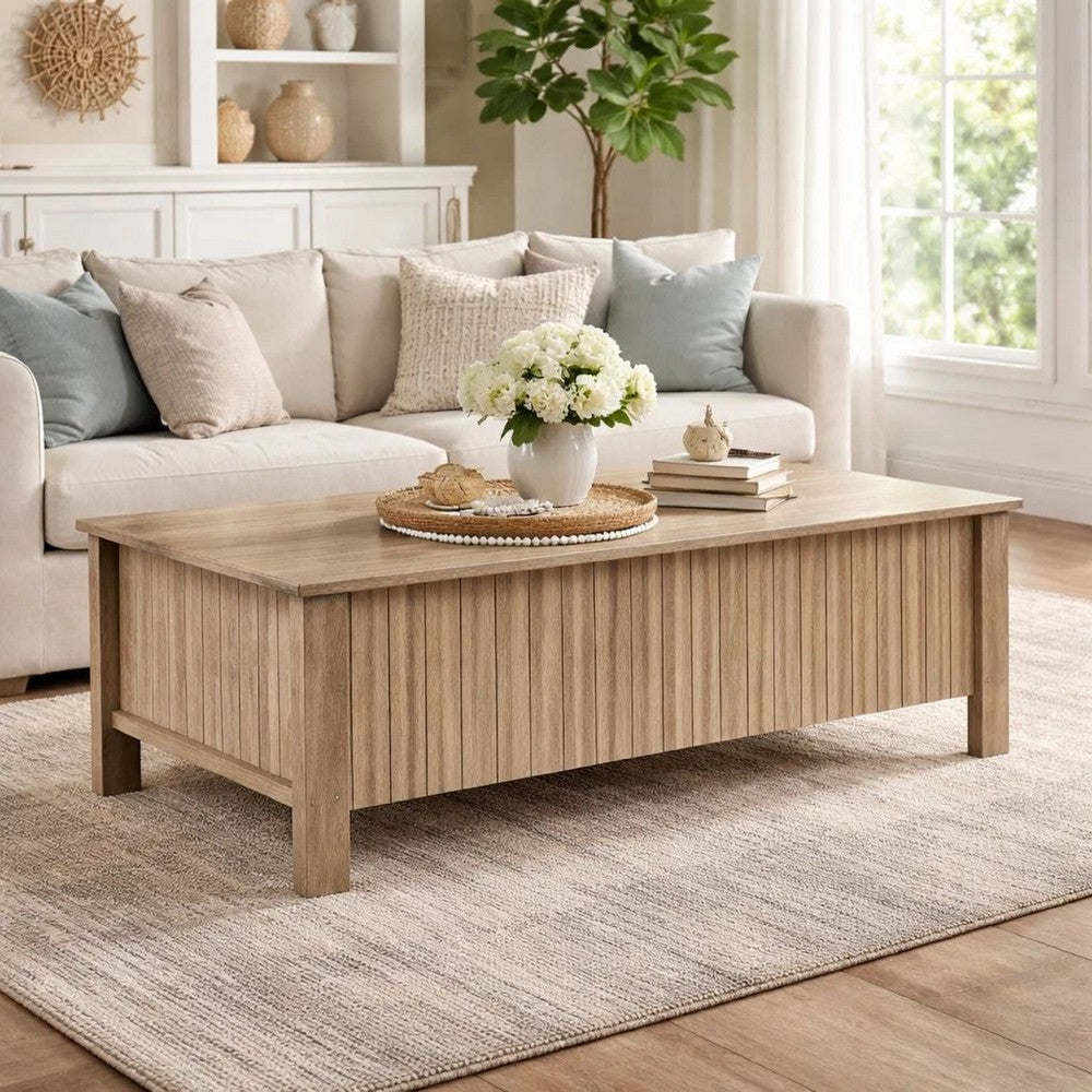 Hay Coffee Table, 47 Inch Rectangular Top, 2 Reeded Drawers, Beige - BM344829
