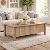 Hay Coffee Table, 47 Inch Rectangular Top, 2 Reeded Drawers, Beige - BM344829