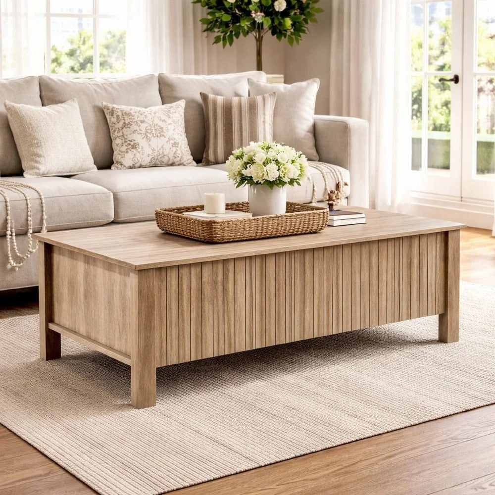 Hay Coffee Table, 47 Inch Rectangular Top, 2 Reeded Drawers, Beige - BM344829