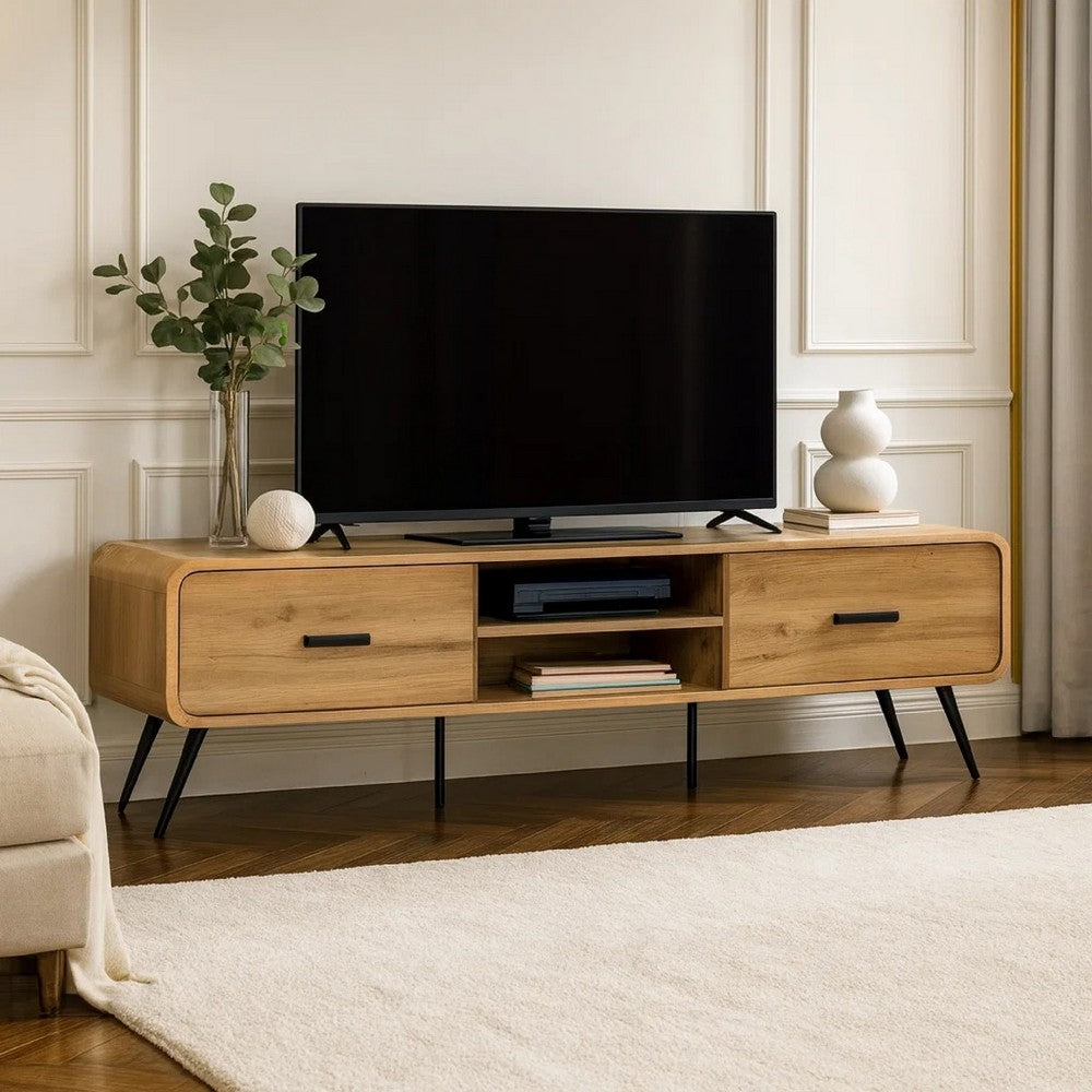 Wea TV Media Console, 71 Inch, 2 Drawers w Open Shelves, Oak Brown - BM344834