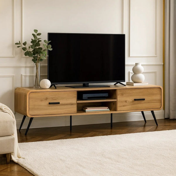 Wea TV Media Console, 71 Inch, 2 Drawers w Open Shelves, Oak Brown - BM344834
