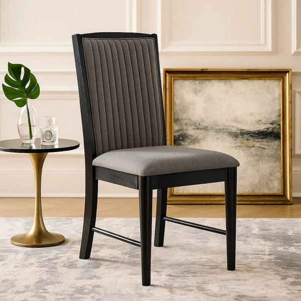 Sevy Dining Side Chair Set of 2, Gray Ribbed Back, Black Rubberwood - BM344841