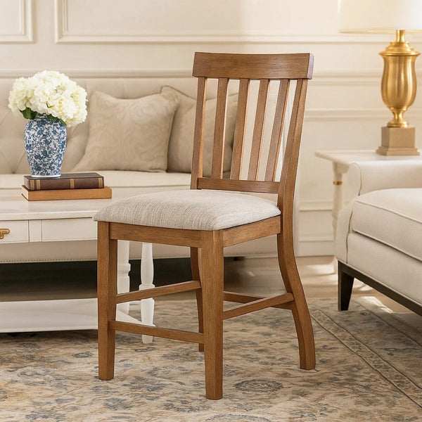 Counter Height Chair Set of 2, Brown Slatted Back, Gray Polyester - BM344846