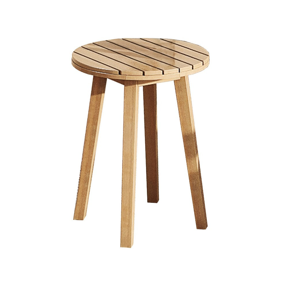 Heya Outdoor Side End Table, 20 Inch Slatted Round Top, Natural Brown - BM344847