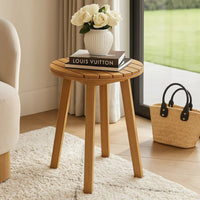 Heya Outdoor Side End Table, 20 Inch Slatted Round Top, Natural Brown - BM344847