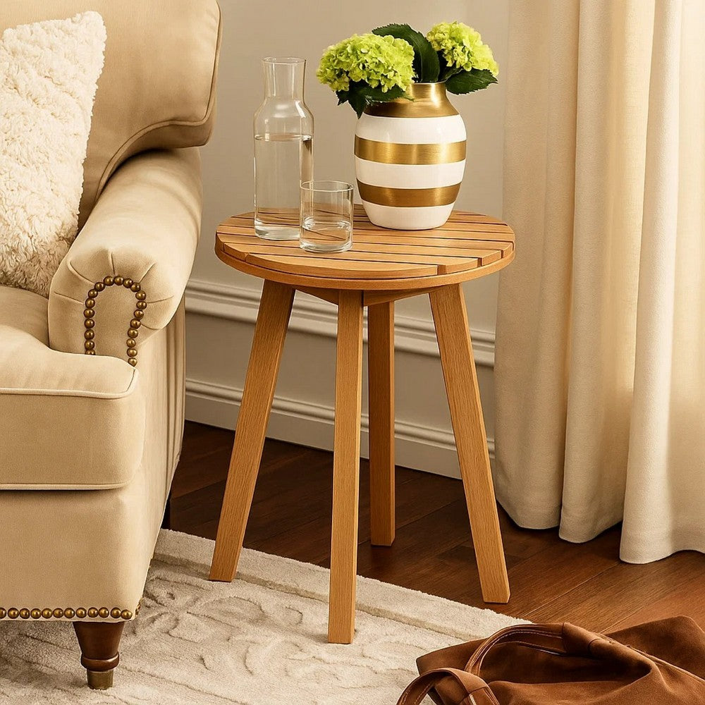 Heya Outdoor Side End Table, 20 Inch Slatted Round Top, Natural Brown - BM344847