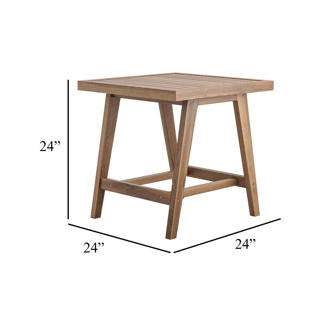 Outdoor Side End Table, 24 Inch Slatted Top, Natural Brown Acacia Wood - BM344848