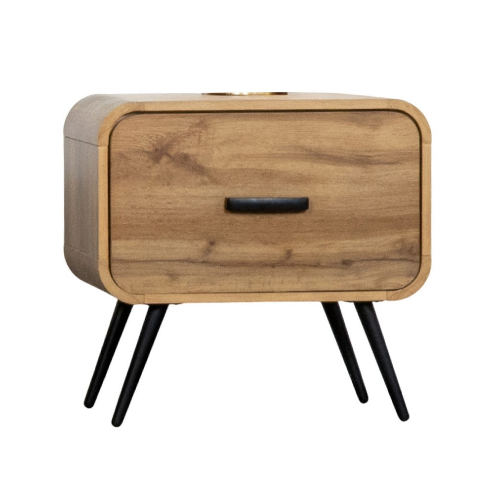 Wea Bed Side End Table, 1 Drawer, Black Angled Legs, Natural Oak Brown - BM344853