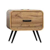 Wea Bed Side End Table, 1 Drawer, Black Angled Legs, Natural Oak Brown - BM344853