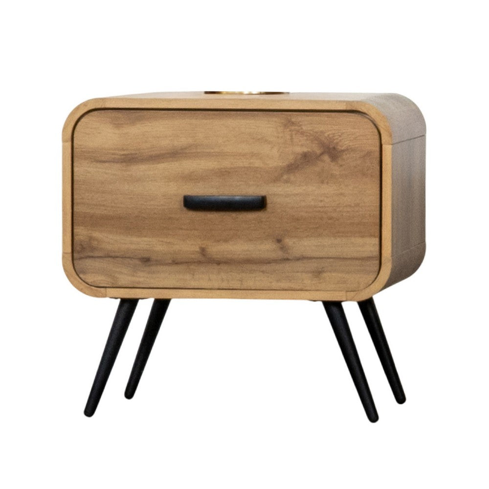 Wea Bed Side End Table, 1 Drawer, Black Angled Legs, Natural Oak Brown - BM344853