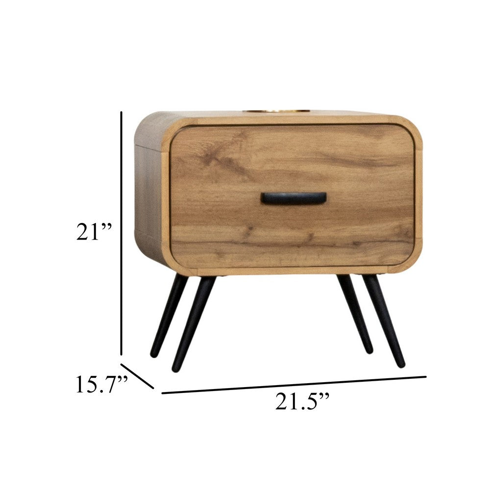 Wea Bed Side End Table, 1 Drawer, Black Angled Legs, Natural Oak Brown - BM344853