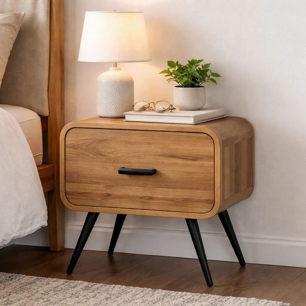 Wea Bed Side End Table, 1 Drawer, Black Angled Legs, Natural Oak Brown - BM344853