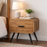 Wea Bed Side End Table, 1 Drawer, Black Angled Legs, Natural Oak Brown - BM344853