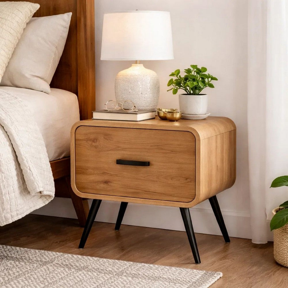 Wea Bed Side End Table, 1 Drawer, Black Angled Legs, Natural Oak Brown - BM344853