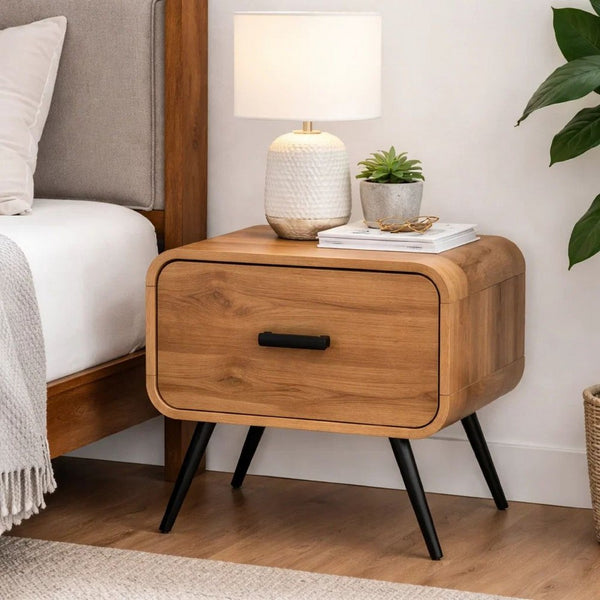 Wea Bed Side End Table, 1 Drawer, Black Angled Legs, Natural Oak Brown - BM344853