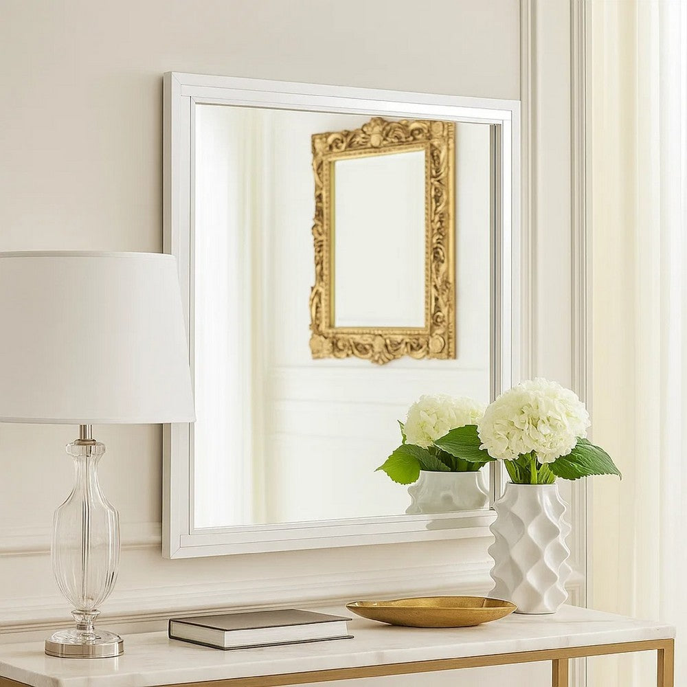 Ruo Dresser Mirror, 40 Inch Square Frame, Low Distortion, Glossy White - BM344860